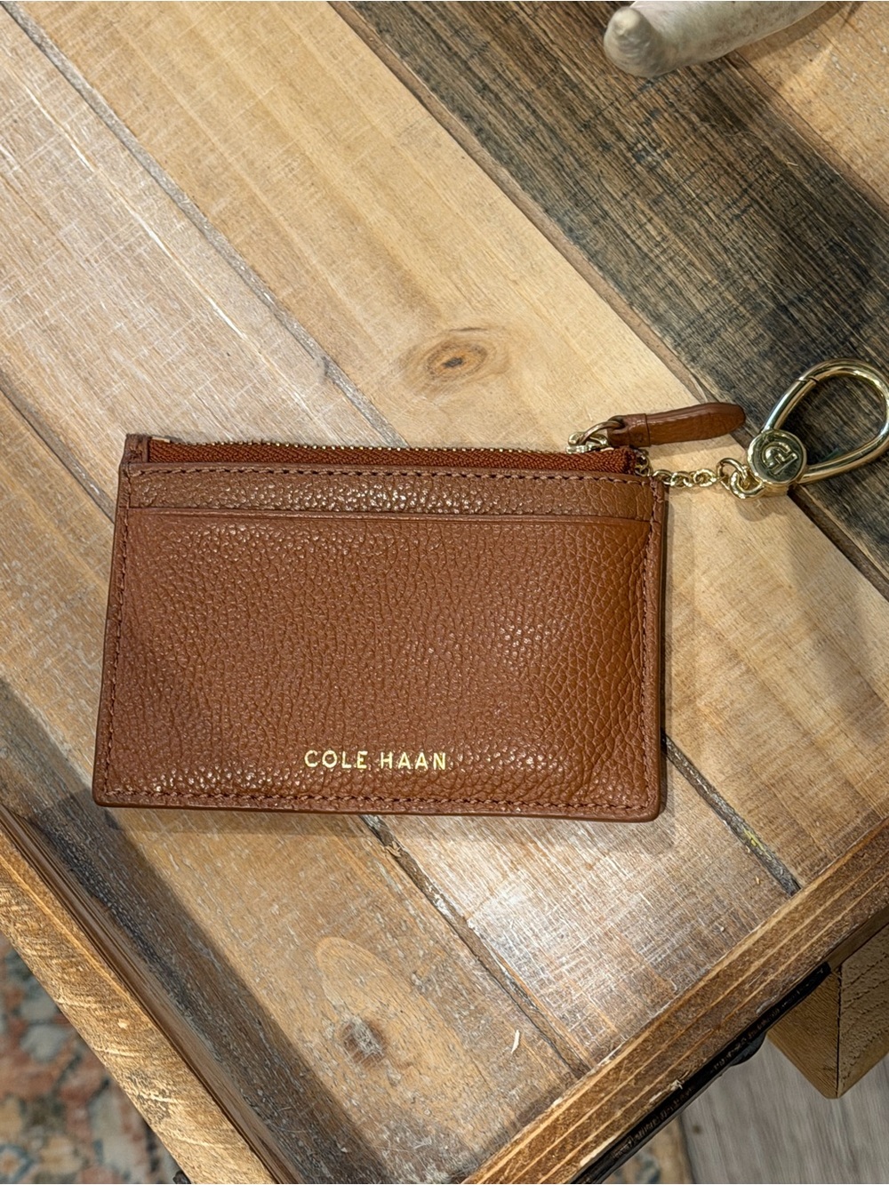 Cole Haan Pebbled Brown Leather Zip Card Case with Key Ring